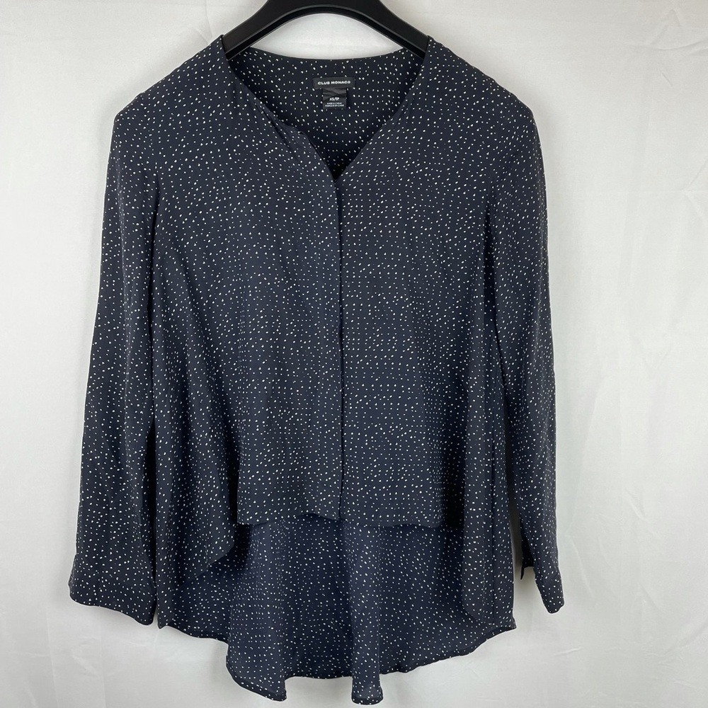 Club Monaco black doted high low button silk shirt XS